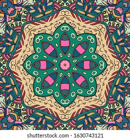 Seamless tracery tile mehndi design. Ethnic ornament, colorful doodle symmetry texture. Folk traditional spiritual tribal design. Curved doodling motif. Color art. Vector