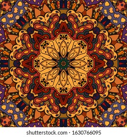 Seamless tracery tile mehndi design. Ethnic ornament, colorful doodle symmetry texture. Folk traditional spiritual tribal design. Curved doodling motif. Color art. Vector