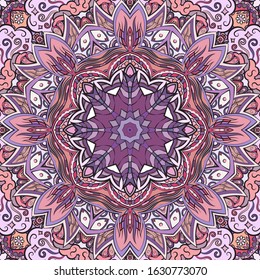 Seamless tracery tile mehndi design. Ethnic ornament, colorful doodle symmetry texture. Folk traditional spiritual tribal design. Curved doodling motif. Color art. Vector