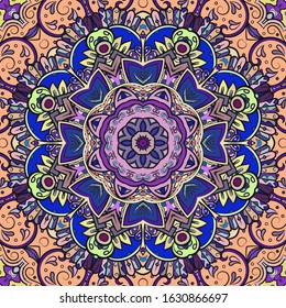 Seamless tracery tile mehndi design. Ethnic ornament, colorful doodle symmetry texture. Folk traditional spiritual tribal design. Curved doodling motif. Color art. Vector