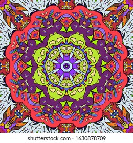 Seamless tracery tile mehndi design. Ethnic ornament, colorful doodle symmetry texture. Folk traditional spiritual tribal design. Curved doodling motif. Color art. Vector