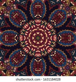Seamless tracery tile mehndi design. Ethnic ornament, colorful doodle symmetry texture. Folk traditional spiritual tribal design. Curved doodling motif. Color art. Vector