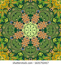 Seamless tracery tile mehndi design. Ethnic ornament, colorful doodle symmetry texture. Folk traditional spiritual tribal design. Curved doodling motif. Color art. Vector
