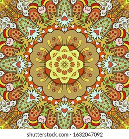 Seamless tracery tile mehndi design. Ethnic ornament, colorful doodle symmetry texture. Folk traditional spiritual tribal design. Curved doodling motif. Color art. Vector