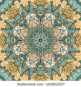 Seamless tracery tile mehndi design. Ethnic ornament, colorful doodle symmetry texture. Folk traditional spiritual tribal design. Curved doodling motif. Color art. Vector