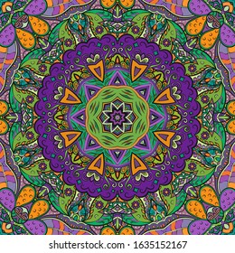 Seamless tracery tile mehndi design. Ethnic ornament, colorful doodle symmetry texture. Folk traditional spiritual tribal design. Curved doodling motif. Color art. Vector