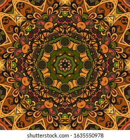 Seamless tracery tile mehndi design. Ethnic ornament, colorful doodle symmetry texture. Folk traditional spiritual tribal design. Curved doodling motif. Color art. Vector