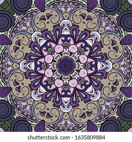 Seamless tracery tile mehndi design. Ethnic ornament, colorful doodle symmetry texture. Folk traditional spiritual tribal design. Curved doodling motif. Color art. Vector