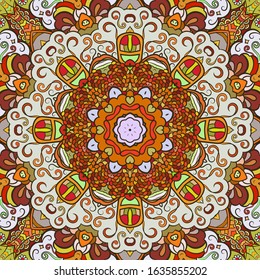 Seamless tracery tile mehndi design. Ethnic ornament, colorful doodle symmetry texture. Folk traditional spiritual tribal design. Curved doodling motif. Color art. Vector