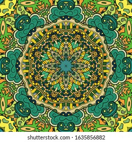 Seamless tracery tile mehndi design. Ethnic ornament, colorful doodle symmetry texture. Folk traditional spiritual tribal design. Curved doodling motif. Color art. Vector
