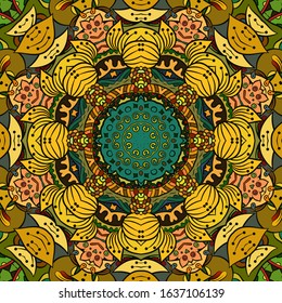 Seamless tracery tile mehndi design. Ethnic ornament, colorful doodle symmetry texture. Folk traditional spiritual tribal design. Curved doodling motif. Color art. Vector