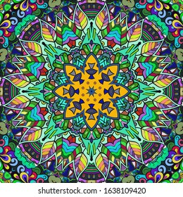 Seamless tracery tile mehndi design. Ethnic ornament, colorful doodle symmetry texture. Folk traditional spiritual tribal design. Curved doodling motif. Color art. Vector