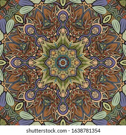 Seamless tracery tile mehndi design. Ethnic ornament, colorful doodle symmetry texture. Folk traditional spiritual tribal design. Curved doodling motif. Color art. Vector