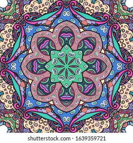 Seamless tracery tile mehndi design. Ethnic ornament, colorful doodle symmetry texture. Folk traditional spiritual tribal design. Curved doodling motif. Color art. Vector