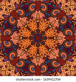 Seamless tracery tile mehndi design. Ethnic ornament, colorful doodle symmetry texture. Folk traditional spiritual tribal design. Curved doodling motif. Color art. Vector