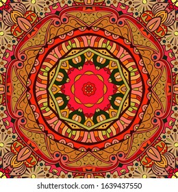 Seamless tracery tile mehndi design. Ethnic ornament, colorful doodle symmetry texture. Folk traditional spiritual tribal design. Curved doodling motif. Color art. Vector
