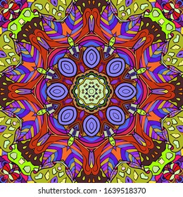 Seamless tracery tile mehndi design. Ethnic ornament, colorful doodle symmetry texture. Folk traditional spiritual tribal design. Curved doodling motif. Color art. Vector