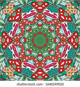 Seamless tracery tile mehndi design. Ethnic ornament, colorful doodle symmetry texture. Folk traditional spiritual tribal design. Curved doodling motif. Color art. Vector