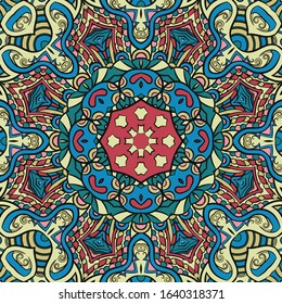 Seamless tracery tile mehndi design. Ethnic ornament, colorful doodle symmetry texture. Folk traditional spiritual tribal design. Curved doodling motif. Color art. Vector