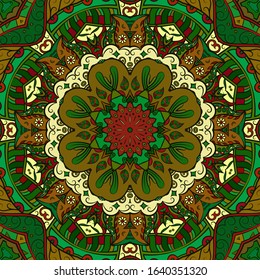 Seamless tracery tile mehndi design. Ethnic ornament, colorful doodle symmetry texture. Folk traditional spiritual tribal design. Curved doodling motif. Color art. Vector