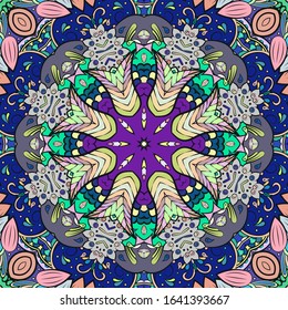 Seamless tracery tile mehndi design. Ethnic ornament, colorful doodle symmetry texture. Folk traditional spiritual tribal design. Curved doodling motif. Color art. Vector