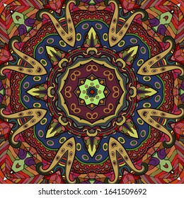 Seamless tracery tile mehndi design. Ethnic ornament, colorful doodle symmetry texture. Folk traditional spiritual tribal design. Curved doodling motif. Color art. Vector