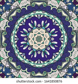 Seamless tracery tile mehndi design. Ethnic ornament, colorful doodle symmetry texture. Folk traditional spiritual tribal design. Curved doodling motif. Color art. Vector