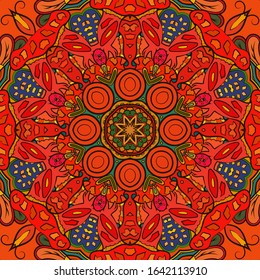 Seamless tracery tile mehndi design. Ethnic ornament, colorful doodle symmetry texture. Folk traditional spiritual tribal design. Curved doodling motif. Color art. Vector