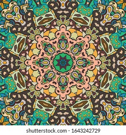 Seamless tracery tile mehndi design. Ethnic ornament, colorful doodle symmetry texture. Folk traditional spiritual tribal design. Curved doodling motif. Color art. Vector