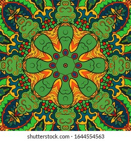 Seamless tracery tile mehndi design. Ethnic ornament, colorful doodle symmetry texture. Folk traditional spiritual tribal design. Curved doodling motif. Color art. Vector