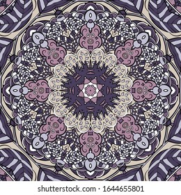 Seamless tracery tile mehndi design. Ethnic ornament, colorful doodle symmetry texture. Folk traditional spiritual tribal design. Curved doodling motif. Color art. Vector