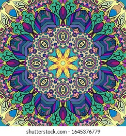 Seamless tracery tile mehndi design. Ethnic ornament, colorful doodle symmetry texture. Folk traditional spiritual tribal design. Curved doodling motif. Color art. Vector