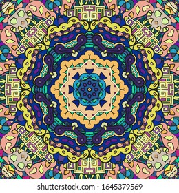 Seamless tracery tile mehndi design. Ethnic ornament, colorful doodle symmetry texture. Folk traditional spiritual tribal design. Curved doodling motif. Color art. Vector