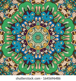 Seamless tracery tile mehndi design. Ethnic ornament, colorful doodle symmetry texture. Folk traditional spiritual tribal design. Curved doodling motif. Color art. Vector