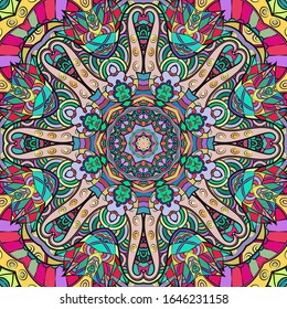 Seamless tracery tile mehndi design. Ethnic ornament, colorful doodle symmetry texture. Folk traditional spiritual tribal design. Curved doodling motif. Color art. Vector