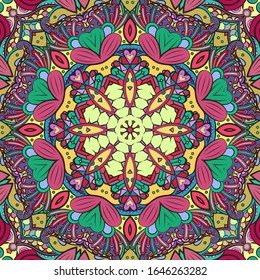 Seamless tracery tile mehndi design. Ethnic ornament, colorful doodle symmetry texture. Folk traditional spiritual tribal design. Curved doodling motif. Color art. Vector