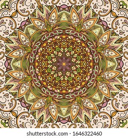 Seamless tracery tile mehndi design. Ethnic ornament, colorful doodle symmetry texture. Folk traditional spiritual tribal design. Curved doodling motif. Color art. Vector