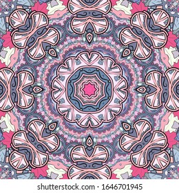 Seamless tracery tile mehndi design. Ethnic ornament, colorful doodle symmetry texture. Folk traditional spiritual tribal design. Curved doodling motif. Color art. Vector