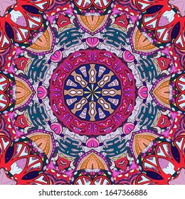 Seamless tracery tile mehndi design. Ethnic ornament, colorful doodle symmetry texture. Folk traditional spiritual tribal design. Curved doodling motif. Color art. Vector
