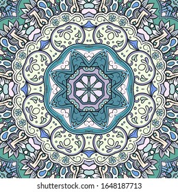 Seamless tracery tile mehndi design. Ethnic ornament, colorful doodle symmetry texture. Folk traditional spiritual tribal design. Curved doodling motif. Color art. Vector