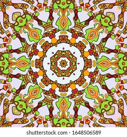 Seamless tracery tile mehndi design. Ethnic ornament, colorful doodle symmetry texture. Folk traditional spiritual tribal design. Curved doodling motif. Color art. Vector