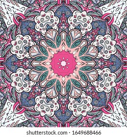 Seamless tracery tile mehndi design. Ethnic ornament, colorful doodle symmetry texture. Folk traditional spiritual tribal design. Curved doodling motif. Color art. Vector