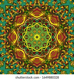 Seamless tracery tile mehndi design. Ethnic ornament, colorful doodle symmetry texture. Folk traditional spiritual tribal design. Curved doodling motif. Color art. Vector