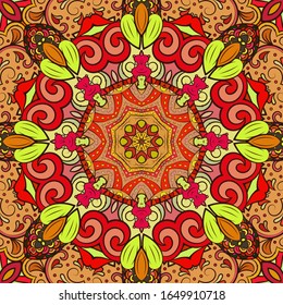 Seamless tracery tile mehndi design. Ethnic ornament, colorful doodle symmetry texture. Folk traditional spiritual tribal design. Curved doodling motif. Color art. Vector