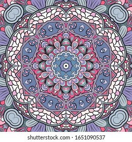Seamless tracery tile mehndi design. Ethnic ornament, colorful doodle symmetry texture. Folk traditional spiritual tribal design. Curved doodling motif. Color art. Vector