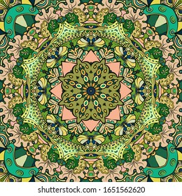 Seamless tracery tile mehndi design. Ethnic ornament, colorful doodle symmetry texture. Folk traditional spiritual tribal design. Curved doodling motif. Color art. Vector