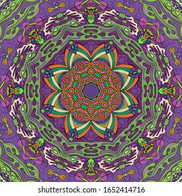 Seamless tracery tile mehndi design. Ethnic ornament, colorful doodle symmetry texture. Folk traditional spiritual tribal design. Curved doodling motif. Color art. Vector