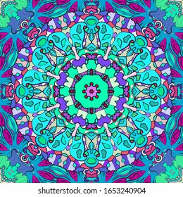 Seamless tracery tile mehndi design. Ethnic ornament, colorful doodle symmetry texture. Folk traditional spiritual tribal design. Curved doodling motif. Color art. Vector