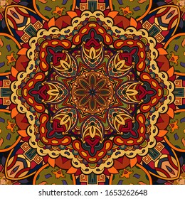 Seamless tracery tile mehndi design. Ethnic ornament, colorful doodle symmetry texture. Folk traditional spiritual tribal design. Curved doodling motif. Color art. Vector