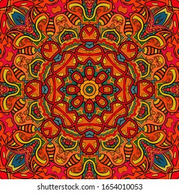 Seamless tracery tile mehndi design. Ethnic ornament, colorful doodle symmetry texture. Folk traditional spiritual tribal design. Curved doodling motif. Color art. Vector